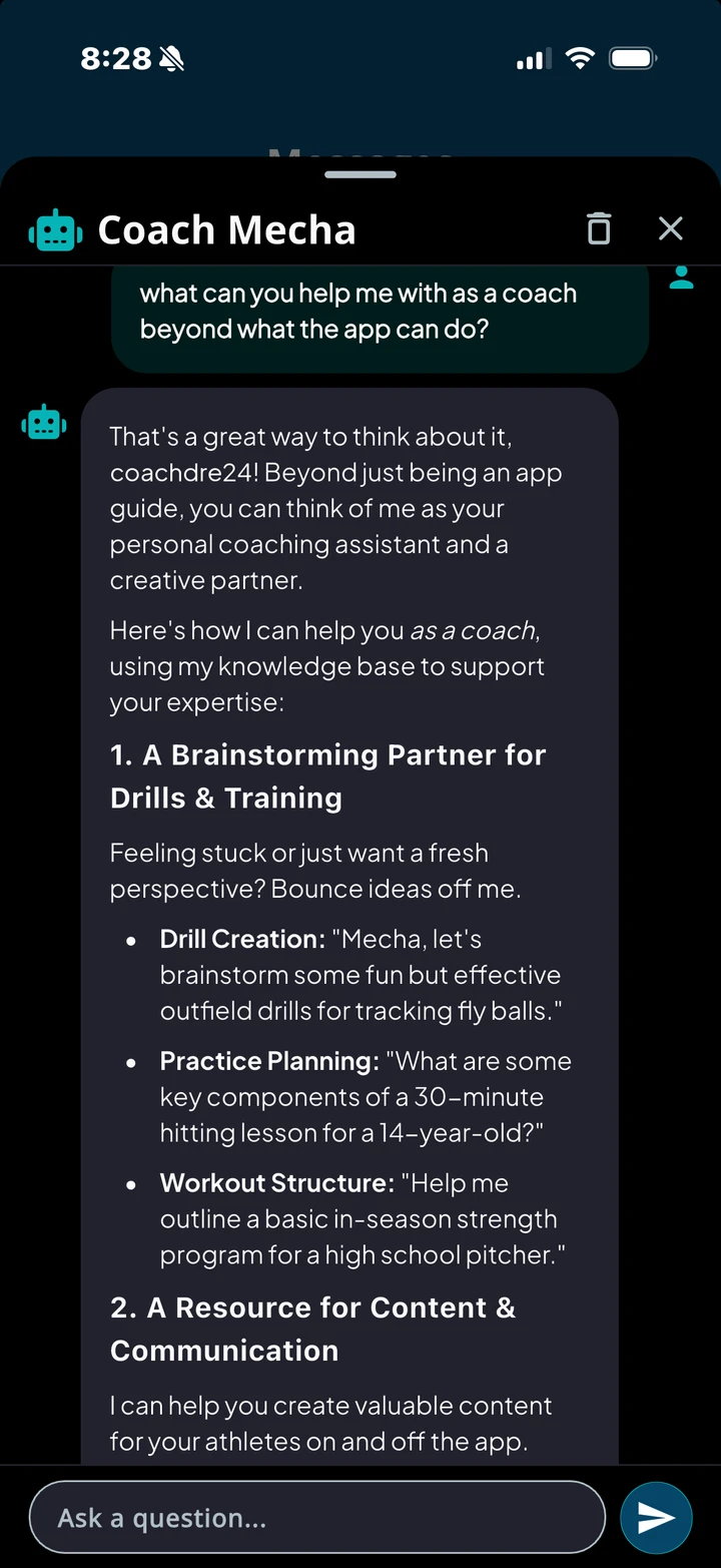 Ballmecca app: Coach Mecha, the in-app AI assistant, suggesting drills and practice plans