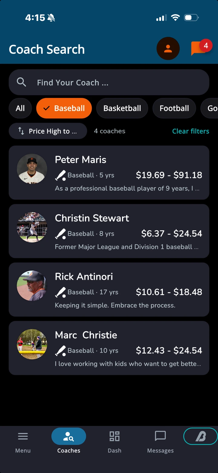 Ballmecca app: searching baseball coaches, with each coach's experience and session prices