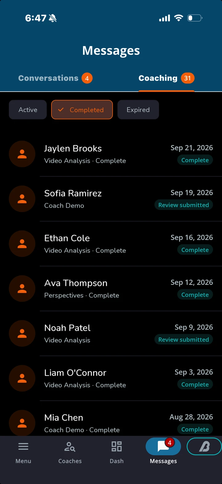 Ballmecca app: the Coaching tab listing completed sessions tagged Complete or Review submitted