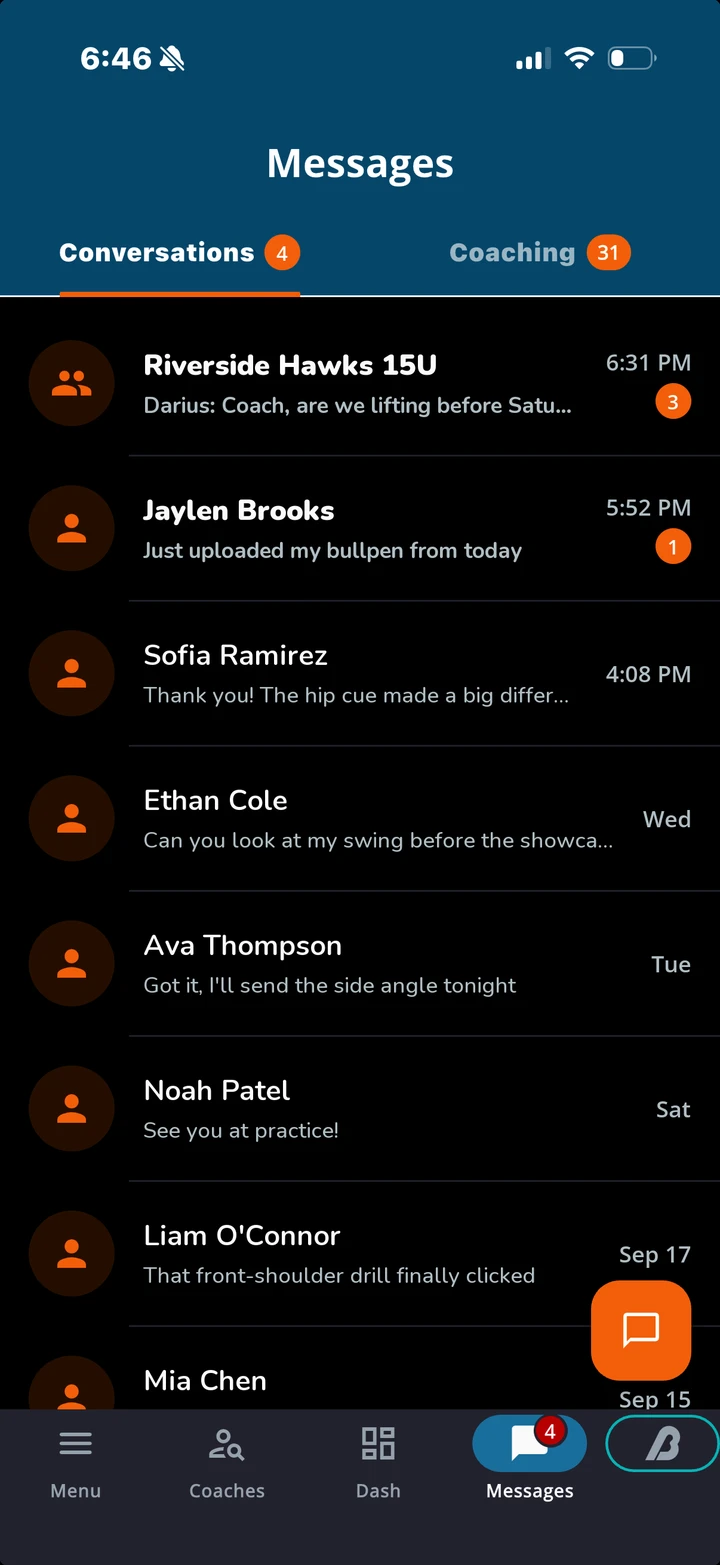 Ballmecca app: a coach's inbox with a team group chat and messages from athletes