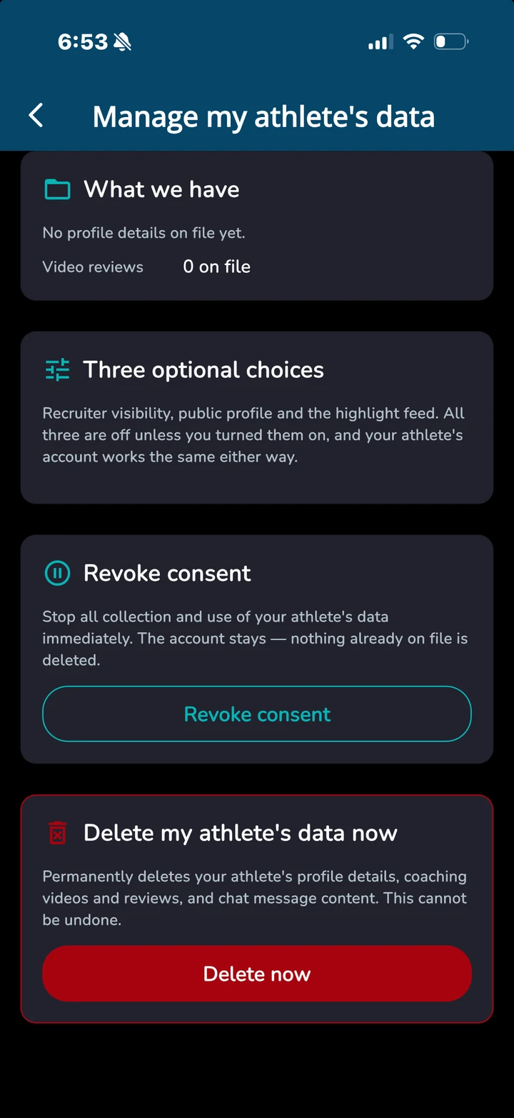 Ballmecca app: the Manage my athlete's data screen, with options to revoke consent or delete the athlete's data