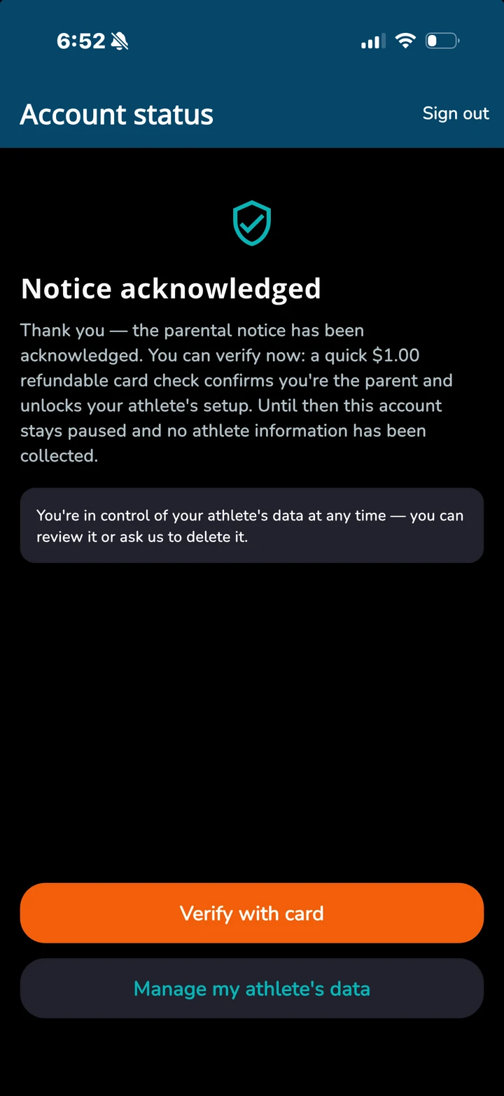 Ballmecca app: the parent verification screen offering a refundable card check before an athlete's account is set up