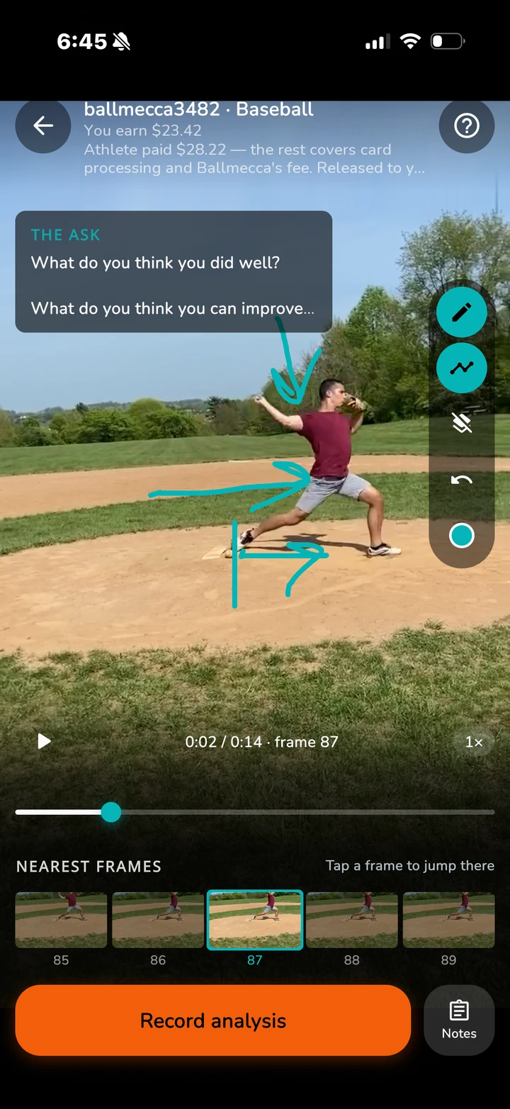 Ballmecca app: a coach drawing frame-by-frame feedback on an athlete's pitching video